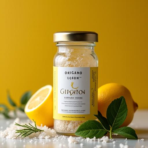Sale aromatizzato al limone e timo di Origano Lane in un contenitore di design