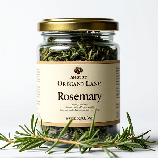 Vasetto di vetro con rosmarino biologico essiccato di alta qualità