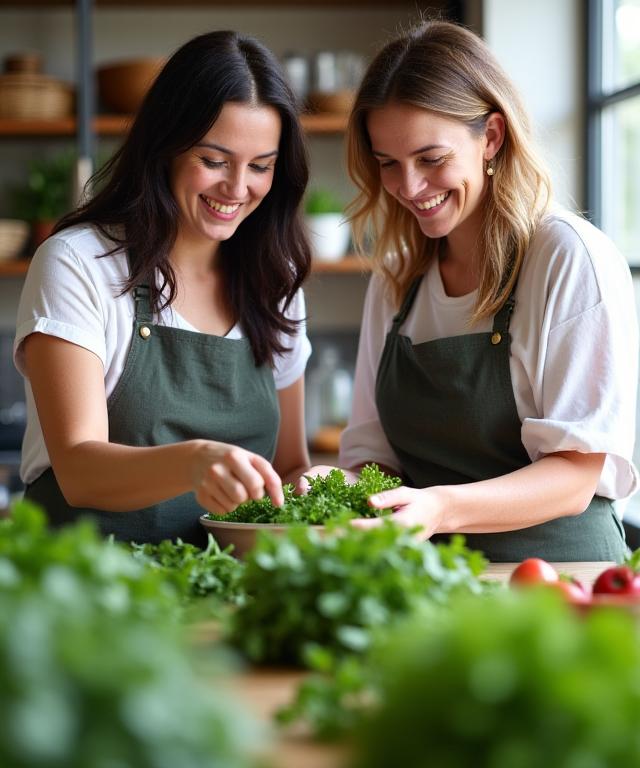 Due donne sorridenti mentre partecipano attivamente a un workshop culinario con erbe fresche